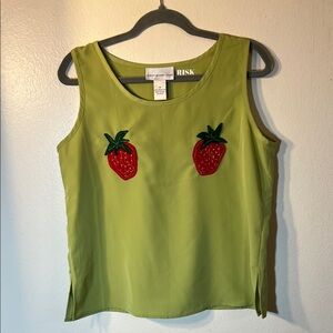 Upcycled Risk Green Tank Top Embroidered Strawberry Embellishments Medium Large